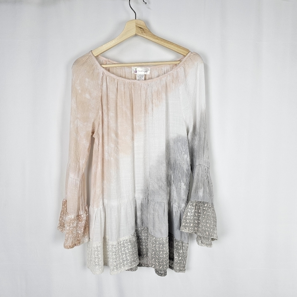 Pink Pineapple Tie-dye, Bell Sleeve Flowy Scoop Neck Top